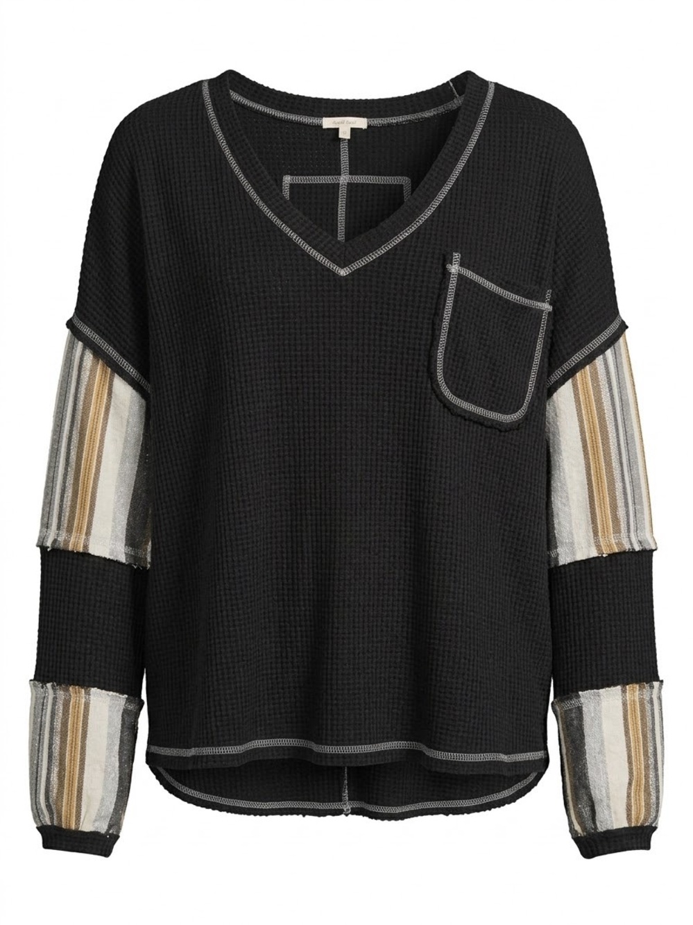POL Black Waffle-Knit V-Neck Top with Striped Sleeve Panels